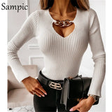 V Neck Black White Khaki Chain Knitted Split Long Sleeve T Shirts Women Tops Patchwork Skinny Basic Tees Autumn