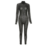 Leopard Print Mesh Skinny Jumpsuit Women One Shoulder Sleeveless Patchwork Fitness Party Activewear Basic Wild Female