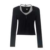 Color Fake Two Slim Long-Sleeved T-Shirts Women's Spring And Autumn New Style Hanging Neck Short Style Underneath Top-Outfit