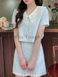 Folds Sweet Two Piece Sets Women Casual Patchwork Chic Skirt Sets Female Designer Button Slim Kawaii Party Sets 2022
