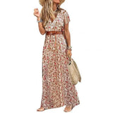 Boho Long Dress for Women V Neck Short Sleeve Paisley Print Belt Large Hem Beach Long Dress Elegant Women's Dress