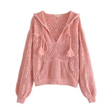 Vintage Fashion Solid Hollow Out Embroidery Hooded Sweaters Women Pullovers Ruffles Knitted Harem Pants