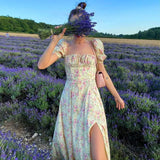 Dress Women Short Puff Sleeve Flroal Printed Ruched Party High Split Long Maxi Dresses Drawstring Sexy Vestidos