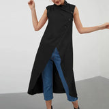 2022 Summer Sexy Asymmetrical Long Shirts Women Sleeveless Buttons Thin Tops Casual Loose Split Hem Chic Blusas