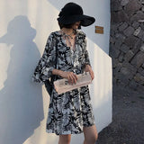 Women Floral Holiday Ins V-Neck Trendy Temperament Casual Vacation Empire Ladies Vestidos Elegant Korean Style