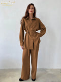 Fashion Loose Brown Two Piece Sets Womens Outifits Elegant Lapel Long Sleeve With High Waist Straight Pants Set