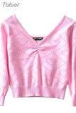 vintage V-neck folds pink peach heart hollow knit sweaters slim thin 3/4 sleeve short crop tops pullover jumpers for