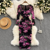 Autumn Women Purple Floral Printed Midi Dress Women Elegant Square Collar Long Sleeve Chiffon Draped Vestidos Female Robe