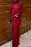 Color Wrap Ruched High Neck Long Sleeve Maxi
