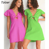 Summer V-Neck Women Hollow Out Dress Bow Flying Sleeve Pencil Dress Mini High Waist Sexy Robe Cotton Elegant Dresses
