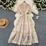 Retro Court Dress Women's Waist Thin Temperament Bubble Sleeve Lace Splicing Big Swing Dress