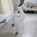 Fall Summer White Black Sexy Bodycon Jumpsuit Women V Neck Ruched Long Sleeve Winter One Piece Outfits 2021 Brown