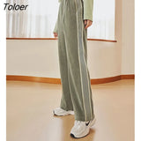 Women Corduroy Sweatpants 2023 Spring Elastic Waist Straight Loose Trousers Side Stripe Casual Basic Sport Long