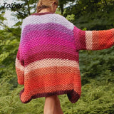 Rainbow Stripe Cardigan Sweater Women Autumn Winter Hand-stitched Knit Cardigan Jacket Jumper Loose