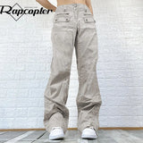 Gray Ruched Cargo Jeans Zipper Button High Waisted Sweatpants Vintage Pockets Zipper Baggy Denim Trousers Women