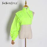 Asymmetrical Short Tops For Women Stand Collar Long Sleeve Casual Streetwear Jackets Female Fashion New