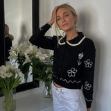Autumn Casual Kawaii Cute Sweater Floral Embroidery Y2K Cropped Knitted Cardigan Button Up Long Sleeve Jumpers