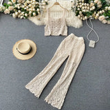 Women Summer Design Hollow Knitted Set Sexy Sleeveless Short Strap Tops+High Waist Long Flare Pants Two Piece