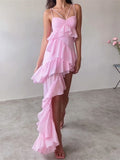 Sexy Sleeveless Strap Sling Long Dress for Women V-neck Ruffles Hem Dress Y2K Off Shoulder High Split Party Vestidos-Outfit