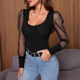 Toloer Women's Wear 2024 Summer New U Collar Mesh Sleeve Splicing Pure Color Versatile Show Thin Temperament T-Shirt Women's Top-Outfit