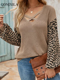 Autumn and Winter New Vneck Long Sleeves Pullover Women Blouse Splicing Knitted Leopard Print Female Thick Sweaters