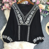 Long Sleeve Pullovers Female Fashion Chic V-neck Loose Floral Embroidered Shirts For Women Boho Casual Beach Blouses