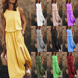 Summer New Women's Rounded Sleeveless Dress Open Multi-Colored Long