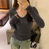 Solid Color U-Collar Slim Underwear Women's Autumn And Winter New Ins Thin Warm Long-Sleeved T-Shirt-Outfit