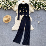 Small Fragrant Wind Metal Collar Collar Repair Long-Sleeved Knitted Shirt Women High-Waist Casual Pants Two