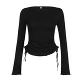 And Casual Pure Black Long-Sleeved T-Shirt 2024 Spring And Summer New Basic Tie Rope Slimming And Skinny Simple Blouse-Outfit