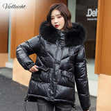Women Winter Hooded Thick Short Jacket Solid Casual Glossy Warm Cotton Padded Parkas Fur Collar Winter Coat