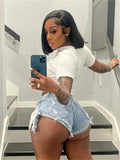 Summer Streetwear Skinny Shorts Women 2022 High Waist Pockets Shorts Female Tassel Hole Blue Straight Trousers