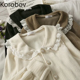 Korean Vintage Lace Patchwork Female Shirts Office Lady Elegant Peter Pan Collar Blusas Mujer Single Breasted