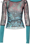 Graphic T Shirts Streetwear Y2k Women Sheer Mesh Knit Patchwork Long Sleeve Top Grunge Clothes 90’s Aesthetic