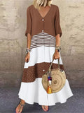 New Women's Skirt Fashion Temperament V-neck Short Sleeve Printed Stripe Polka Dot Stitching Long Button Casual