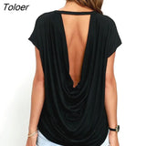 Open Back T Shirt Women Casual Backless Short Sleeve TShirt Summer Hot Clothing Loose O-neck Tops Tees Black