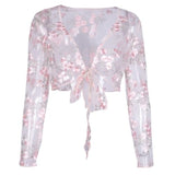 Blouse Summer See-through Sheer Mesh Fishnet Long Sleeve Shirt Ladies Tops Blouse Tee Tops Blouses Woman 2019 Floral