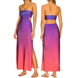 Womens High Street Casual Cutout Tube Tops Dress Fashion Gradient/Solid Color Off-shoulder Skinny Slit Long Sundress-Outfit