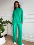 Women Turtleneck Knitted Sweater Set Casual Solid Sweater High Waist Wide Leg Pant Suit 2022 Autumn Fashion Lady Knitwear