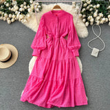 Embroidary Single Breasted Solid Dress 2022 Hollow Out Slim O Neck Long Sleeves Ladies A Line Summer Long