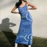 Summer Dress Print Knit Bodycon Women Green Y2K Summer Hollow Out Sexy Sleeveless Spaghetti Strap Beach Midi Dresses