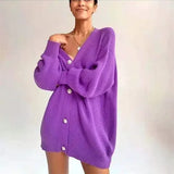 WOTWOY Casual V-neck Knitted Oversize Cardigan Women Buttons Loose Lantern Sleeve Sweaters Female Basic White Autumn Winter