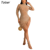 Bead Sleeve Dresses Diamonds Clothing Feather Dress Women Slim Women's Hot Drill Outfit Party Club Fashion Sexy