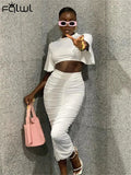 Fall Casual 2 Two Peice Set Women Outfts Skirts Short Sleeve O Neck Crop Top Maxi Ruched Skirts White Matching Dress