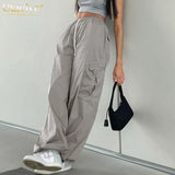 Casual Loose Gray Cargo Pants Women Fashion High Wasit Wide Trousers Pants Streetwear Pockets Pants Female Clothing