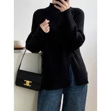 Women's Roll Collar Mock Slit Hems Striped Pit Relax Fit Sweater Winter Solid Color Pulls Casual