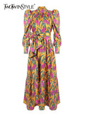 Vintage Print Floral Dress For Women Stand Collar Puff Sleeve High Waist Loose Midi Dresses Female Clothes 2022
