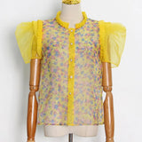 Casual Shirts For Women Slim Stand Collar Puff Short Sleeve Colorblock Blouses Female 2021 Summer Clothing
