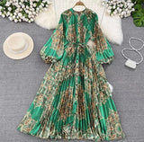 Quality Light Extravagant Lantern Long Sleeved Round Collar Waist Slim Single Breasted Printed Dress Elegant Long Skirt-Outfit