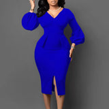 Women's V-Neck Bubble Bubble Sleeve Open Fork Dress Office Pencil Dress African